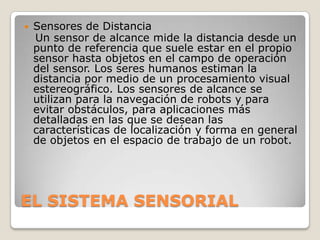 

Sensores de Distancia
Un sensor de alcance mide la distancia desde un
punto de referencia que suele estar en el propio
sensor hasta objetos en el campo de operación
del sensor. Los seres humanos estiman la
distancia por medio de un procesamiento visual
estereográfico. Los sensores de alcance se
utilizan para la navegación de robots y para
evitar obstáculos, para aplicaciones más
detalladas en las que se desean las
características de localización y forma en general
de objetos en el espacio de trabajo de un robot.

EL SISTEMA SENSORIAL

 