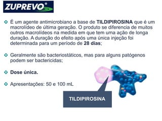É um agente antimicrobiano a base de TILDIPIROSINA que é um 
macrolídeo de última geração. O produto se diferencia de muitos 
outros macrolídeos na medida em que tem uma ação de longa 
duração. A duração do efeito após uma única injeção foi 
determinada para um período de 28 dias; 
Geralmente são bacteriostáticos, mas para alguns patógenos 
podem ser bactericidas; 
Dose única. 
Apresentações: 50 e 100 mL 
TILDIPIROSINA 
 