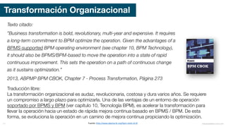 Transformación Organizacional
Texto citado:
”Business transformation is bold, revolutionary, multi-year and expensive. It requires
a long-term commitment to BPM optimize the operation. Given the advantages of a
BPMS-supported BPM operating environment (see chapter 10, BPM Technology),
it should also be BPMS/BPM-based to move the operation into a state of rapid
continuous improvement. This sets the operation on a path of continuous change
as it sustains optimization.”
2013, ABPMP BPM CBOK, Chapter 7 - Process Transformation, Página 273
Traducción libre:
La transformación organizacional es audaz, revolucionaria, costosa y dura varios años. Se requiere
un compromiso a largo plazo para optimizarla. Una de las ventajas de un entorno de operación
soportado por BPMS y BPM (ver capítulo 10, Tecnología BPM), es acelerar la transformación para
llevar la operación hacia un estado de rápida mejora continua basado en BPMS / BPM. De esta
forma, se evoluciona la operación en un camino de mejora continua propiciando la optimización.
mauriciobitencourt.com17 Fuente:	http://www.abpmp-br.org/bpm-cbok-v3-0/
 