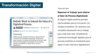 Transformación Digital
Fuente:	https://www.gartner.com/doc/2829219/rethink-work-unleash-value-digitalized
Traducción libre:
Repensar el 'trabajo' para Liberar
el Valor de Proceso Digitalizado
El negocio digital presenta grandes
oportunidades para la innovación y la
ventaja competitiva. Es necesario una
completa reevaluación de su trabajo
para crear este valor. Simplemente
insertando tecnologías digitales para el
proceso existente es insuficiente para
lograr el valor total de la digitalización.
mauriciobitencourt.com18
 