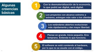 Algunas
creencias
básicas
1
3
2
4
5 mauriciobitencourt.com82
Con la desmaterialización de la economía,
lo que podrá ser digital, será digital.
Los proyectos con alcance extremo a
extremo, entregan más valor a los clientes.
Los estándares abiertos evolucionan
más rápidamente y dan mayor libertad.
Piense en grande. Inicie pequeño. Erre
temprano. Extienda lo que funciona.
El software se está comiendo al hardware,
por lo que no se asuste con el código.
 