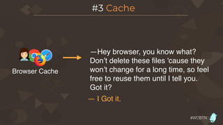 #WCBTN
#3 Cache
Browser Cache
—Hey browser, you know what?
Don’t delete these files 'cause they
won’t change for a long time, so feel
free to reuse them until I tell you.
Got it?
— I Got it.
 