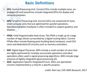 Basic Definitions
credit: Alan Lee, CVP, AMD Research, 2017
• CPU: Central Processing Unit. Current CPUs include multiple cores, on-
package I/O and sometimes include integrated GPUs for display and
compute purposes.
• GPU: Graphics Processing Unit. Current GPUs are comprised of many
small compute units that are optimized for parallel operations.
Specialized graphics hardware is often included to support graphics and
displays.
• FPGA: Field Programmable Gate Array. The FPGA is made up of a large
number of logic blocks surrounded by a digital routing fabric. Current
FPGAs often include floating point building block hardware, small CPU
cores and dedicated I/O circuitry such as memory controllers.
• DSP: Digital Signal Processor. DSPs include a small number of cores that
are highly optimized for multiply-accumulate operations and other
operations often used in signal processing algorithms. DSPs include large
amounts of tightly integrated signal processing I/O.
• ASIC: Application Specific Integrated Circuit. ASICs are specialized
circuitry implemented as a chip for a specific purpose.
 