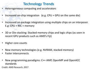 Technology Trends
Credit: AMD Research, 2017
• Heterogeneous computing and accelerators
• Increased on-chip integration (e.g. CPU + GPU on the same die)
• Increased on-package integration using multiple chips on an interposer.
E.g: CPU + NIC + memory
• 3D or Die-stacking: Stacked memory chips and logic chips (as seen in
recent GPU products such as AMD’s Fiji)
• Higher core counts
• New memory technologies (e.g. NVRAM, stacked memory)
• Faster interconnects
• New programming paradigms: C++ AMP, OpenMP and OpenACC
standards
 