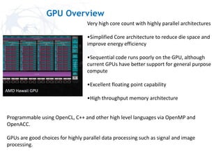 GPU Overview
Very high core count with highly parallel architectures
•Simplified Core architecture to reduce die space and
improve energy efficiency
•Sequential code runs poorly on the GPU, although
current GPUs have better support for general purpose
compute
•Excellent floating point capability
•High throughput memory architecture
Programmable using OpenCL, C++ and other high level languages via OpenMP and
OpenACC.
GPUs are good choices for highly parallel data processing such as signal and image
processing.
 