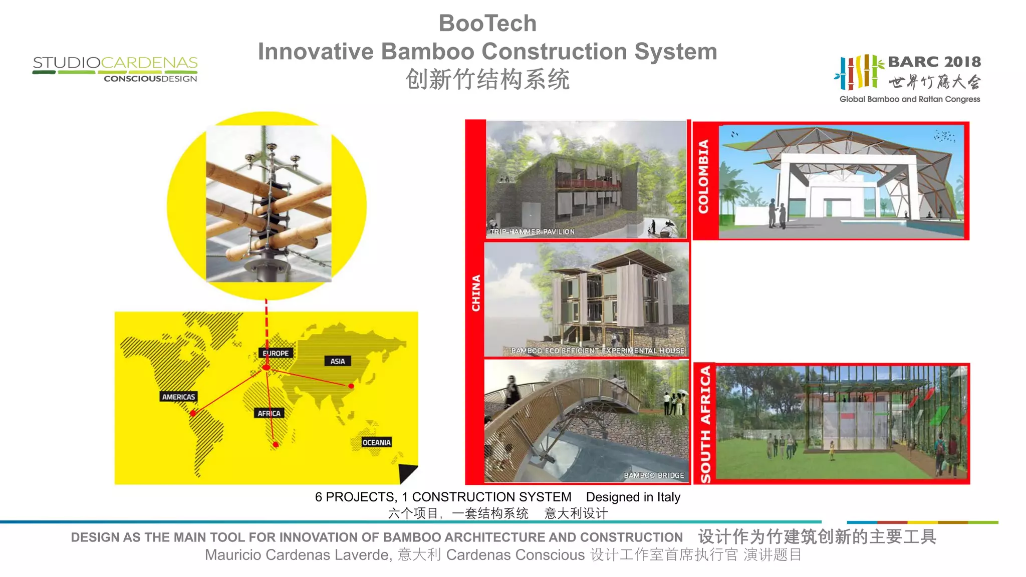 DESIGN AS THE MAIN TOOL FOR INNOVATION OF BAMBOO ARCHITECTURE AND CONSTRUCTION 设计作为竹建筑创新的主要工具
Mauricio Cardenas Laverde, 意大利 Cardenas Conscious 设计工作室首席执行官 演讲题目
6 PROJECTS, 1 CONSTRUCTION SYSTEM Designed in Italy
六个项目，一套结构系统 意大利设计
BooTech
Innovative Bamboo Construction System
创新竹结构系统
 