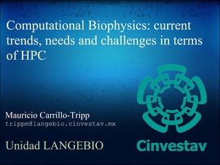 Computational Biophysics: current
trends, needs and challenges in terms
of HPC



Mauricio Carrillo-Tripp
trippm@langebio.cinvestav.mx


Unidad LANGEBIO
 