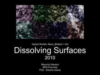Hybrid Worlds: Nano_Biotech + Art


Dissolving Surfaces
               2010
           Mauricio Herrero
             MFA Fine Arts
          Prof. Victoria Vesna
 