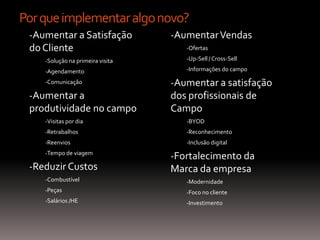 Por que implementar algo novo?
 -Aumentar a Satisfação           -Aumentar Vendas
 do Cliente                          -Ofertas

    -Solução na primeira visita      -Up-Sell / Cross-Sell

    -Agendamento                     -Informações do campo

    -Comunicação                  -Aumentar a satisfação
 -Aumentar a                      dos profissionais de
 produtividade no campo           Campo
    -Visitas por dia                 -BYOD
    -Retrabalhos                     -Reconhecimento
    -Reenvios                        -Inclusão digital
    -Tempo de viagem
                                  -Fortalecimento da
 -Reduzir Custos                  Marca da empresa
    -Combustível                     -Modernidade
    -Peças                           -Foco no cliente
    -Salários /HE                    -Investimento
 
