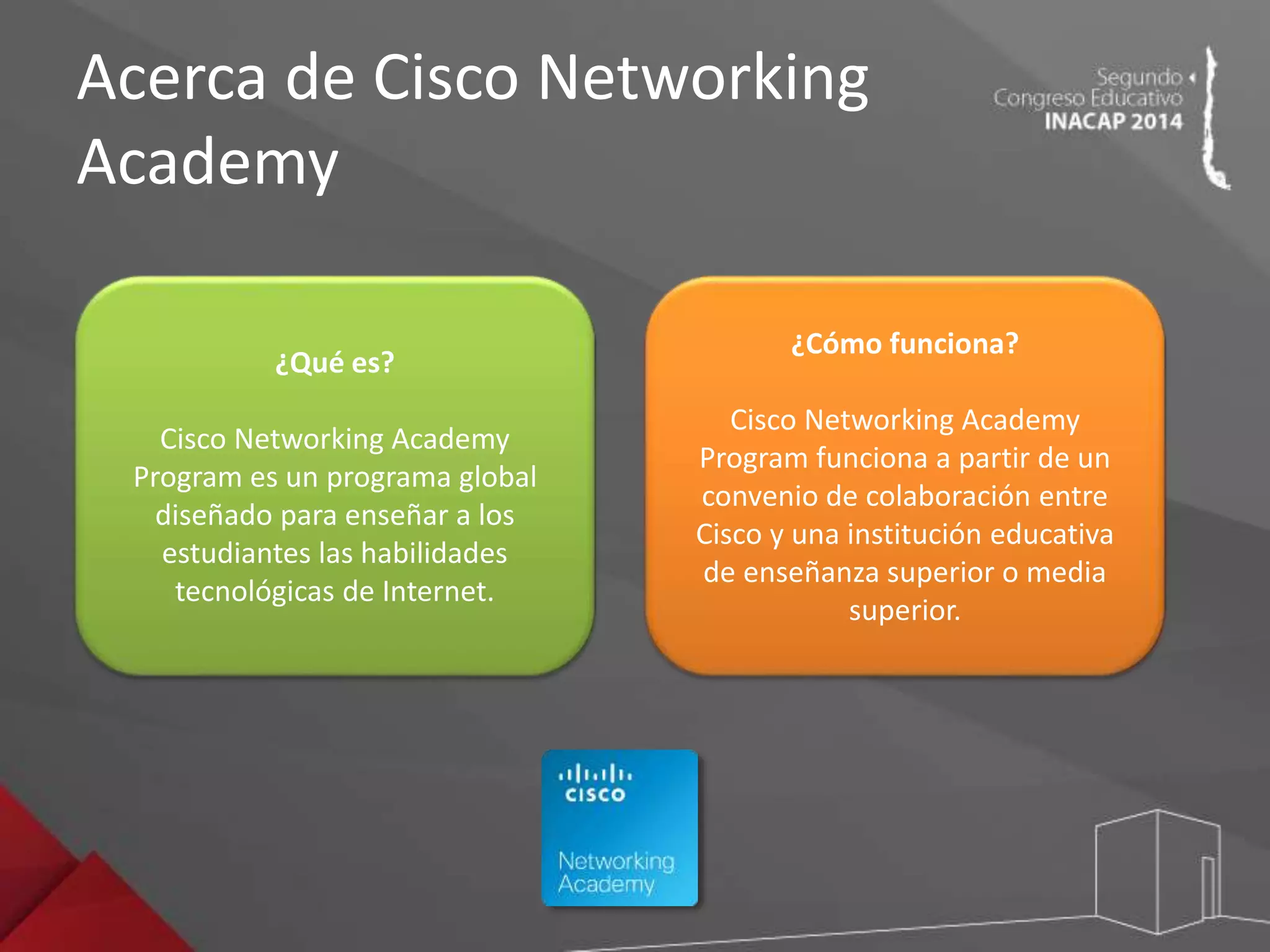 Acerca de Cisco Networking 
Academy 
¿Qué es? 
Cisco Networking Academy 
Program es un programa global 
diseñado para enseñar a los 
estudiantes las habilidades 
tecnológicas de Internet. 
¿Cómo funciona? 
Cisco Networking Academy 
Program funciona a partir de un 
convenio de colaboración entre 
Cisco y una institución educativa 
de enseñanza superior o media 
superior. 
 