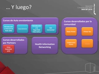 … Y luego? 
Cursos de Auto enrolamiento 
Emprendimiento 
Introducción 
a la 
Seguridad 
Cibernética 
Introducción 
a Internet de 
Todo (OIE) 
Get 
Connected 
Health Information 
Networking 
Cursos desarrollados 
por Partners 
Linux 
Essentials 
(LPI) 
Cursos desarrollados por la 
comunidad 
Nube Primer Primer Voz 
Colaboración 
Primer 
………… 
 