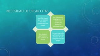 NECESIDAD DE CREAR CITAS
Las citas hacen
que un trabajo
sea mas
confiable y mas
creíble
Las citas evitan
los plagios y de
como nos
ayudan en
nuestras
investigaciones
Los plagios
aparte de ser
una cuestión de
moral
Darían una mala
calificación mala
en caso de ser
comprobados de
plagio
 