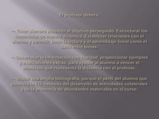 El profesor deberá:~- Tener siempre presente el objetivo perseguido. Estructurar los contenidos de manera dinámica. Establecer relaciones con el alumno y permitir, tanto la lectura y el aprendizaje lineal como el salto entre temas.~- Desarrollar la información con claridad, proporcionar ejemplos y explicaciones extras, para ayudar al alumno a vencer el obstáculo que representa la distancia con el profesor.~- Incluir una amplia bibliografía, porque el perfil del alumno que potencia la ED, necesita del desarrollo de actividades colaterales y de la presencia de abundantes materiales en el curso.