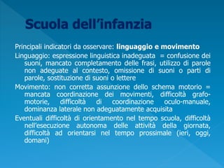 Principali indicatori da osservare: linguaggio e movimento
Linguaggio: espressione linguistica inadeguata = confusione dei
suoni, mancato completamento delle frasi, utilizzo di parole
non adeguate al contesto, omissione di suoni o parti di
parole, sostituzione di suoni o lettere
Movimento: non corretta assunzione dello schema motorio =
mancata coordinazione dei movimenti, difficoltà grafo-
motorie, difficoltà di coordinazione oculo-manuale,
dominanza laterale non adeguatamente acquisita
Eventuali difficoltà di orientamento nel tempo scuola, difficoltà
nell’esecuzione autonoma delle attività della giornata,
difficoltà ad orientarsi nel tempo prossimale (ieri, oggi,
domani)
 