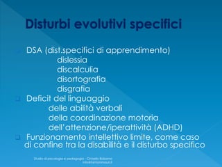  DSA (dist.specifici di apprendimento)
dislessia
discalculia
disortografia
disgrafia
 Deficit del linguaggio
delle abilità verbali
della coordinazione motoria
dell’attenzione/iperattività (ADHD)
 Funzionamento intellettivo limite, come caso
di confine tra la disabilità e il disturbo specifico
Studio di psicologia e pedagogia - Cinisello Balsamo
info@fantonimauri.it
 