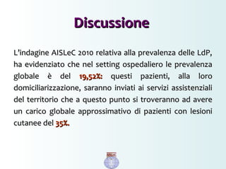 L’indagine AISLeC 2010 relativa alla prevalenza delle LdP,L’indagine AISLeC 2010 relativa alla prevalenza delle LdP,
ha evidenziato che nel setting ospedaliero le prevalenzaha evidenziato che nel setting ospedaliero le prevalenza
globale è delglobale è del 19,52%:19,52%: questi pazienti, alla loroquesti pazienti, alla loro
domiciliarizzazione, saranno inviati ai servizi assistenzialidomiciliarizzazione, saranno inviati ai servizi assistenziali
del territorio che a questo punto si troveranno ad averedel territorio che a questo punto si troveranno ad avere
un carico globale approssimativo di pazienti con lesioniun carico globale approssimativo di pazienti con lesioni
cutanee delcutanee del 35%.35%.
DiscussioneDiscussione
 