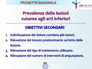 Prevalenza delle lesioniPrevalenza delle lesioni
cutanee agli arti inferioricutanee agli arti inferiori
OBIETTIVI SECONDARIOBIETTIVI SECONDARI
1.1. Individuazione del dolore correlato alle lesioni.Individuazione del dolore correlato alle lesioni.
2.2. Rilevazione del tessuto predominante sul letto dellaRilevazione del tessuto predominante sul letto della
lesione.lesione.
3.3. Rilevazione del tipo di trattamento utilizzato.Rilevazione del tipo di trattamento utilizzato.
4.4. Rilevazione del numero di interventi di amputazione.Rilevazione del numero di interventi di amputazione.
PROGETTO NAZIONALE
 