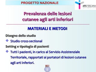 Prevalenza delle lesioniPrevalenza delle lesioni
cutanee agli arti inferioricutanee agli arti inferiori
MATERIALI E METODIMATERIALI E METODI
Disegno dello studioDisegno dello studio
 Studio cross-sectionalStudio cross-sectional
Setting e tipologia di pazientiSetting e tipologia di pazienti
 Tutti i pazienti, in carico al Servizio AssistenzialeTutti i pazienti, in carico al Servizio Assistenziale
Territoriale, rapportati ai portatori di lesioni cutaneeTerritoriale, rapportati ai portatori di lesioni cutanee
agli arti inferiori.agli arti inferiori.
PROGETTO NAZIONALE
 