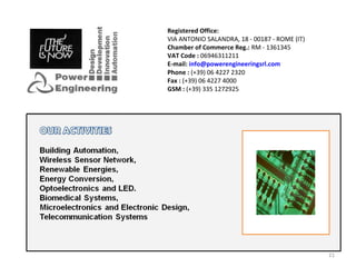Registered Office:
VIA ANTONIO SALANDRA, 18 - 00187 - ROME (IT)
Chamber of Commerce Reg.: RM - 1361345
VAT Code : 06946311211
E-mail: info@powerengineeringsrl.com
Phone : (+39) 06 4227 2320
Fax : (+39) 06 4227 4000
GSM : (+39) 335 1272925
21
 
