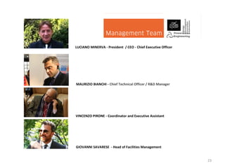 GIOVANNI SAVARESE - Head of Facilities Management
23
LUCIANO MINERVA - President / CEO - Chief Executive Officer
MAURIZIO BIANCHI - Chief Technical Officer / R&D Manager
VINCENZO PIRONE - Coordinator and Executive Assistant
 