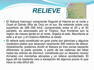 RELIEVE
 El Sahara marroquí comprende Saguiet el Hamra en el norte y
Oued el Dahab (Río de Oro) en el sur. Se extiende sobre una
superficie de 266 000 km2, comprendido entre el 20 y el 30
paralelo, es atravesado por el Trópico. Sus fronteras son la
región de massa darâa en el norte, Argelia al este, Mauritania al
este y el sur, y el Océano Atlántico al oeste.
 El relieve está constituido en gran parte por planicies y algunos
modestos platos que alcanzan raramente 400 metros de altitud.
Globalmente, podemos dividir el Sahara en tres zonas bastante
diferentes: la parte noreste, a partir de las cadenas del Atlas
hasta las colinas de Zemmur, constituida por un desierto rocoso
(hmada) con montañas abruptas y un relieve accidentado. El
agua allí es bastante rara a excepción de algunos pozos lo que
hace la vida difícil allí.
 