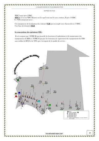 LA MAURITANIENNE DE TELECOMMUNICATION
RAPPORT DE STAGE
TAHMOHAMED BABAGARYTAHMOHAMED BABAGARYTAHMOHAMED BABAGARYTAHMOHAMED BABAGARY 27
MSC3 aussi gère 2 BSC
MSC4MSC4MSC4MSC4 : C’est un MSC Huawei sur les quel sont mis les axes routiers, Il gère 10 BSC.
Ce NSS comprend aussi :
Un enregistreur de localisation des visiteurs VLRVLRVLRVLR qui est couplé avec chacun de ces 3 MSC.
Une base de données HLRHLRHLRHLR.
Le sousLe sousLe sousLe sous----système des opérations OSSsystème des opérations OSSsystème des opérations OSSsystème des opérations OSS ::::
Il est composé par l’OMC-R qui possède les fonctions d’exploitation et de maintenance des
équipements du BSS et l’OMC-S qui gère les fonctions de supervision des équipements du NSS
sans oublier le RNO et le NPA qui s’occupent de la qualité de service.
 