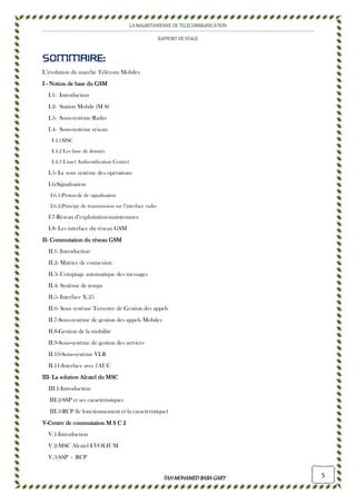 LA MAURITANIENNE DE TELECOMMUNICATION
RAPPORT DE STAGE
TAHMOHAMED BABAGARYTAHMOHAMED BABAGARYTAHMOHAMED BABAGARYTAHMOHAMED BABAGARY 5
SOMMAIRE:SOMMAIRE:SOMMAIRE:SOMMAIRE:
L’évolution du marché Télécom Mobiles
IIII ---- Notion de base du GSMNotion de base du GSMNotion de base du GSMNotion de base du GSM
I.1- Introduction
I.2- Station Mobile (M S)
I.3- Sous-système Radio
I.4- Sous-système réseau
I.4.1MSC
I.4.2 Les base de donnés
I.4.3 L'auc( Authentification Centre)
I.5- Le sous système des opérations
I.6-Signalisation
I.6.1-Protocole de signalisation
I.6.2-Principe de transmission sur l’interface radio
I.7-Réseau d’exploitation-maintenance
I.8- Les interface du réseau GSM
IIIIIIII---- Commutation du réseau GSMCommutation du réseau GSMCommutation du réseau GSMCommutation du réseau GSM
II.1- Introduction
II.2- Matrice de connexion
II.3- Comptage automatique des messages
II.4- Système de temps
II.5- Interface X.25
II.6- Sous système Terrestre de Gestion des appels
II.7-Sous-système de gestion des appels Mobiles
II.8-Gestion de la mobilité
II.9-Sous-système de gestion des services
II.10-Sous-système VLR
II.11-Interface avec l'AUC
IIIIIIIIIIII---- LaLaLaLa solution Alcatel du MSCsolution Alcatel du MSCsolution Alcatel du MSCsolution Alcatel du MSC
III.1-Introduction
III.2-SSP et ses caractéristiques
III.3-RCP (le fonctionnement et la caractéristique)
VVVV----Centre de commutation M S C 2Centre de commutation M S C 2Centre de commutation M S C 2Centre de commutation M S C 2
V.1-Introduction
V.2-MSC Alcatel EVOLIUM
V.3-SSP - RCP
 