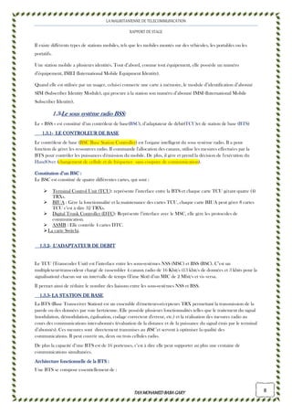 LA MAURITANIENNE DE TELECOMMUNICATION
RAPPORT DE STAGE
TAHMOHAMED BABAGARYTAHMOHAMED BABAGARYTAHMOHAMED BABAGARYTAHMOHAMED BABAGARY 8
Il existe différents types de stations mobiles, tels que les mobiles montés sur des véhicules, les portables ou les
portatifs.
Une station mobile a plusieurs identités. Tout d’abord, comme tout équipement, elle possède un numéro
d’équipement, IMEI (International Mobile Equipment Identity).
Quand elle est utilisée par un usager, celui-ci connecte une carte à mémoire, le module d’identification d’abonné
SIM (Subscriber Identity Module), qui procure à la station son numéro d’abonné IMSI (International Mobile
Subscriber Identity).
1111....3333----Le sous système radio BSSLe sous système radio BSSLe sous système radio BSSLe sous système radio BSS::::
Le « BSS » est constitué d’un contrôleur de base(BSC), d’adaptateur de débit(TCU)et de station de base (BTS)
1.31.31.31.3.1.1.1.1---- LE CONTROLEUR DE BASELE CONTROLEUR DE BASELE CONTROLEUR DE BASELE CONTROLEUR DE BASE
Le contrôleur de base (BSC Base Station Controller) est l'organe intelligent du sous système radio. Il a pour
fonction de gérer les ressources radio. Il commande l'allocation des canaux, utilise les mesures effectuées par la
BTS pour contrôler les puissances d'émission du mobile. De plus, il gère et prend la décision de l'exécution du
HandOver (changement de cellule et de fréquence sans coupure de communication).
Constitution d’un BSCConstitution d’un BSCConstitution d’un BSCConstitution d’un BSC ::::
Le BSC est constitué de quatre différentes cartes, qui sont :
Terminal Control Unit (TCU): représente l’interface entre la BTS et chaque carte TCU gérant quatre (4)
TRXs.
BIUA : Gère la fonctionnalité et la maintenance des cartes TCU, chaque carte BIUA peut gérer 8 cartes
TCU c’est à dire 32 TRXs.
Digital Trunk Controller (DTC): Représente l’interface avec le MSC, elle gère les protocoles de
communication.
ASMB : Elle contrôle 4 cartes DTC.
La carte Switchi.
1.31.31.31.3.2.2.2.2---- L’ADAPTATEUR DE DEBITL’ADAPTATEUR DE DEBITL’ADAPTATEUR DE DEBITL’ADAPTATEUR DE DEBIT
Le TCU (Transcoder Unit) est l’interface entre les sous-systèmes NSS (MSC) et BSS (BSC). C’est un
multiplexeur-transcodeur chargé de rassembler 4 canaux radio de 16 Kbit/s (13 kbit/s de données et 3 kbits pour la
signalisation) chacun sur un intervalle de temps (Time Slot) d’un MIC de 2 Mbit/s et vis versa.
Il permet ainsi de réduire le nombre des liaisons entre les sous-systèmes NSS et BSS.
1.31.31.31.3.3.3.3.3---- LA STATION DE BASELA STATION DE BASELA STATION DE BASELA STATION DE BASE
La BTS (Base Transceiver Station) est un ensemble d'émetteurs-récepteurs TRX permettant la transmission de la
parole ou des données par voie hertzienne. Elle possède plusieurs fonctionnalités telles que le traitement du signal
(modulation, démodulation, égalisation, codage correcteur d'erreur, etc.) et la réalisation des mesures radio au
cours des communications inter-abonnés (évaluation de la distance et de la puissance du signal émis par le terminal
d’abonnés). Ces mesures sont directement transmises au BSC et servent à optimiser la qualité des
communications. Il peut couvrir un, deux ou trois cellules radio.
De plus la capacité d’une BTS est de 16 porteuses, c’est à dire elle peut supporter au plus une centaine de
communications simultanées.
Architecture fonctionnelle de la BTSArchitecture fonctionnelle de la BTSArchitecture fonctionnelle de la BTSArchitecture fonctionnelle de la BTS ::::
Une BTS se compose essentiellement de :
 