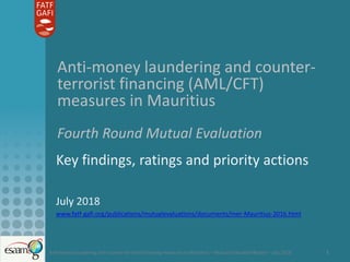 Anti-money laundering and counter-terrorist financing measures in Mauritius – Mutual Evaluation Report – July 2018 1
Anti-money laundering and counter-
terrorist financing (AML/CFT)
measures in Mauritius
Fourth Round Mutual Evaluation
Key findings, ratings and priority actions
July 2018
www.fatf-gafi.org/publications/mutualevaluations/documents/mer-Mauritius-2016.html
 