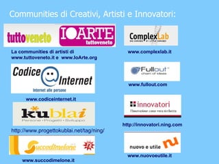 http://www.progettokublai.net/tag/ning/ Communities di Creativi, Artisti e Innovatori: La communities di artisti di www.tuttoveneto.it e  www.IoArte.org www.codiceinternet.it http://innovatori.ning.com www.succodimelone.it www.nuovoeutile.it www.fullout.com www.complexlab.it 
