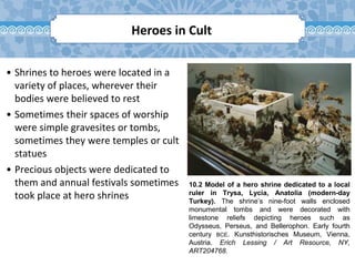 10.2 Model of a hero shrine dedicated to a local
ruler in Trysa, Lycia, Anatolia (modern-day
Turkey). The shrine’s nine-foot walls enclosed
monumental tombs and were decorated with
limestone reliefs depicting heroes such as
Odysseus, Perseus, and Bellerophon. Early fourth
century BCE. Kunsthistorisches Museum, Vienna,
Austria. Erich Lessing / Art Resource, NY,
ART204768.
Heroes in Cult
• Shrines to heroes were located in a
variety of places, wherever their
bodies were believed to rest
• Sometimes their spaces of worship
were simple gravesites or tombs,
sometimes they were temples or cult
statues
• Precious objects were dedicated to
them and annual festivals sometimes
took place at hero shrines
 