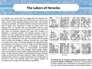 10.5 Sketches of metopes depicting Heracles’s labors
on Zeus’s temple in Olympia. Using the surviving pieces
of these metopes and a description by Pausanias (5.10.9),
the order of the metopes has been reconstructed as follows.
(1) Heracles sits, weary from his struggle with the Nemean lion,
while Athena watches. Heracles skins the Nemean lion with its own
claws, and he is often depicted wearing the lion’s skin, which makes
his body invulnerable. (2) Heracles kills the Lernaean hydra with the
help of Iolaus, who cauterizes its necks to prevent them from
growing back. (3) Heracles kills the Stymphalian birds by using
castanets manufactured for him by Athena to rouse the birds from
their nests. (4) Heracles captures the Cretan bull, bringing it to
Marathon, in mainland Greece. (5) Heracles devotes a year to
chasing the swift, golden-horned Cerynaean hind that is dear to
Artemis. (6) Heracles defeats an Amazon, named Hippolyte, in an
attempt to gain possession of her belt. The Amazons were a warlike
race of women who dwelled in Scythia, shunned men, and fought
on horses using a bow. (7) Heracles displays the Erymanthian boar
to Eurystheus, who hides in a pot from fright. (8) Heracles defeats
the man-eating, fire-breathing mares of Diomedes. (9) Heracles
captures the cattle of Geryon, a three-headed, three-bodied
monster who guards them. (10) Heracles obtains golden apples,
which are guarded by three females called Hesperides along with a
snake. To gain help from Atlas in accomplishing this task, Heracles
carries the world that had been resting on Atlas’s shoulders. (11)
Heracles leads Cerberus, a three-headed dog in the Underworld, to
the light of day. (12) Heracles cleans the Augean stables, by
rerouting a river through them with Athena’s assistance.
The Labors of Heracles
 