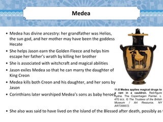 11.8 Medea applies magical drugs to
a ram in a cauldron. Red-figure
hydria. The Copenhagen Painter. c.
470 BCE. © The Trustees of the British
Museum / Art Resource, NY
ART356672.
Medea
• Medea has divine ancestry: her grandfather was Helios,
the sun god, and her mother may have been the goddess
Hecate
• She helps Jason earn the Golden Fleece and helps him
escape her father’s wrath by killing her brother
• She is associated with witchcraft and magical abilities
• Jason exiles Medea so that he can marry the daughter of
King Creon
• Medea kills both Creon and his daughter, and her sons by
Jason
• Corinthians later worshiped Medea’s sons as baby heroes
• She also was said to have lived on the Island of the Blessed after death, possibly as t
 