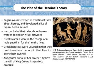 11.9 Antigone (second from right) is escorted
by two guards to Creon (seated). Detail. Red-
figure nestoris. Dolon Painter. 380–370 BCE. ©
The Trustees of the British Museum / Art
Resource, NY, ART497926.
The Plot of the Heroine’s Story
• Raglan was interested in traditional tales
about heroes, and developed a list of
typical heroic actions
• He concluded that tales about heroes
were modeled on ritual activities
• Greek women were in the charge of a
male guardian for their entire lives
• Greek heroines were unusual in that they
used transitional periods in their lives to
exert their own will
• Antigone’s burial of her brother, against
the will of King Creon, is a perfect
example
 