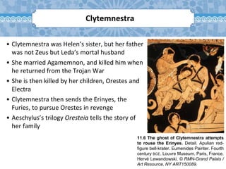 11.6 The ghost of Clytemnestra attempts
to rouse the Erinyes. Detail. Apulian red-
figure bell-krater. Eumenides Painter. Fourth
century BCE. Louvre Museum, Paris, France.
Hervé Lewandowski. © RMN-Grand Palais /
Art Resource, NY ART150089.
Clytemnestra
• Clytemnestra was Helen’s sister, but her father
was not Zeus but Leda’s mortal husband
• She married Agamemnon, and killed him when
he returned from the Trojan War
• She is then killed by her children, Orestes and
Electra
• Clytemnestra then sends the Erinyes, the
Furies, to pursue Orestes in revenge
• Aeschylus’s trilogy Oresteia tells the story of
her family
 