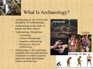 What Is Archaeology?
• Archaeology is one of four sub-
disciplines of Anthropology.
• Anthropology is the study of
people and their culture.
• Anthropology Disciplines:
– Archaeology
– Cultural Anthropology
– Linguistic Anthropology
– Biological or Physical
Anthropology
• Archaeology is the systematic,
scientific recovery and analysis
of artifacts in order to answer
questions about past human
culture and behavior.
Archaeology
Culture
Speech
&
Language
Biology of Man
 