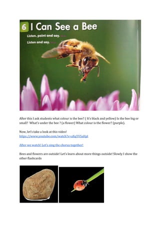 After this I ask students what colour is the bee? ( It’s black and yellow) Is the bee big or
small? What’s under the bee ? (a flower) What colour is the flower? (purple).
Now, let’s take a look at this video!
https://www.youtube.com/watch?v=aXqYVSaHpl
After we watch! Let’s sing the chorus together!
Bees and flowers are outside! Let’s learn about more things outside! Slowly I show the
other flashcards
 