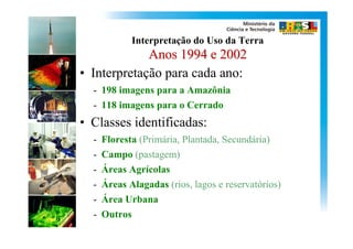 Interpretação do Uso da Terra
             Anos 1994 e 2002
• Interpretação para cada ano:
  - 198 imagens para a Amazônia
  - 118 imagens para o Cerrado
• Classes identificadas:
  -   Floresta (Primária, Plantada, Secundária)
  -   Campo (pastagem)
  -   Áreas Agrícolas
  -   Áreas Alagadas (rios, lagos e reservatórios)
  -   Área Urbana
  -   Outros
 