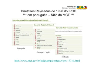 Diretrizes Revisadas de 1996 do IPCC
       *** em português – Sítio do MCT ***




  Português

                  Português / Inglês

                                       Só Inglês

http://www.mct.gov.br/index.php/content/view/17716.html
 