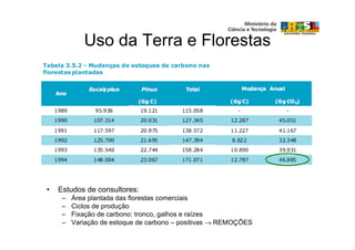 Uso da Terra e Florestas




•   Estudos de consultores:
     –   Área plantada das florestas comerciais
     –   Ciclos de produção
     –   Fixação de carbono: tronco, galhos e raízes
     –   Variação de estoque de carbono – positivas → REMOÇÕES
 