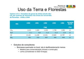 Uso da Terra e Florestas




• Estudos de consultores:
   – Biomassa queimada no local, isto é desflorestamento menos
       • Madeira para comercialização (móveis e construção)
       • Lenha (considerada no Setor Energia)
 