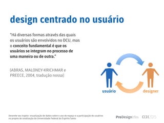 Desenhe seu trajeto: visualização de dados sobre o uso do espaço e a participação de usuários
no projeto de sinalização da Universidade Federal do Espírito Santo
design centrado no usuário
“Há diversas formas através das quais
os usuários são envolvidos no DCU, mas
o conceito fundamental é que os
usuários se integram no processo de
uma maneira ou de outra.”
(ABRAS, MALONEY-KRICHMAR e
PREECE, 2004, tradução nossa)
usuário
 designer
 