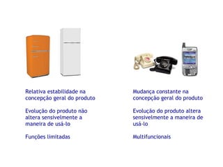 Relativa estabilidade na concepção geral do produto Evolução do produto não altera sensivelmente a maneira de usá-lo Funções limitadas Mudança constante na concepção geral do produto Evolução do produto altera sensivelmente a maneira de usá-lo Multifuncionais 