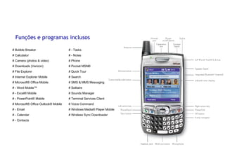Funções e programas inclusos # Bubble Breaker # Calculator # Camera (photos & video) # Downloads (Verizon) # File Explorer # Internet Explorer Mobile # Microsoft® Office Mobile # - Word Mobile™ # - Excel® Mobile # - PowerPoint® Mobile # Microsoft® Office Outlook® Mobile # - Email # - Calendar # - Contacts # - Tasks # - Notes # Phone # Pocket MSN® # Quick Tour # Search # SMS & MMS Messaging # Solitaire # Sounds Manager # Terminal Services Client # Voice Command # Windows Media® Player Mobile # Wireless Sync Downloader 