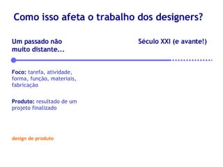 Como isso afeta o trabalho dos designers? Um passado não muito distante... Foco:   tarefa, atividade, forma, função, materiais, fabricação Produto:   resultado de um projeto finalizado Século XXI (e avante!) design de produto 