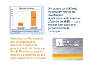 Um estudo da McKinsey
mostrou um retorno do
investimento
significativamente maior —
diferença de 108% — para
projetos com excelente
gerenciamento de
mudanças
Pesquisas do PMI mostram
que as organizações
altamente eficazes em
gerenciamento de mudanças
têm 117% mais sucesso em
projetos e programas do que
organizações menos eficazes
 