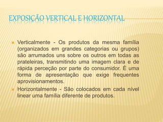 EXPOSIÇÃO VERTICAL E HORIZONTAL 
 Verticalmente - Os produtos da mesma família 
(organizados em grandes categorias ou grupos) 
são arrumados uns sobre os outros em todas as 
prateleiras, transmitindo uma imagem clara e de 
rápida perceção por parte do consumidor. É uma 
forma de apresentação que exige frequentes 
aprovisionamentos. 
 Horizontalmente - São colocados em cada nível 
linear uma família diferente de produtos. 
