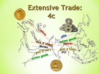 Extensive Trade:Extensive Trade:
4c4c
spices
spices
spicesspices
gold & ivory
gold & ivory gold & ivorygold & ivory
rice & wheat
rice & wheathorseshorses
cotton goods
cotton goods
cotton goods
cotton goodssilks
silks
 