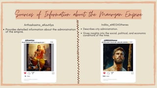 Arthashastra_@Kautilya
Provides detailed information about the administration
of the empire.
Sources of Information about the Mauryan Empire
Indika_@MEGASthenes
Describes city administration.
Gives insights into the social, political, and economic
conditions of the time.
_@Kautilya
#Just chilling with Chandragupta yoo 🤘
_@MEGASthenes
#LOOK DONT TOUCH MY JAWLINE LADIESS 🔥
760k
8k
 
