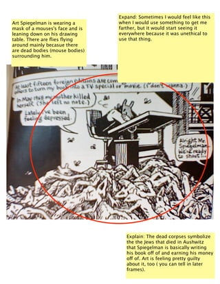 Double-click here toI edit text. like this
                                 Expand: Sometimes would feel
Art Spiegelman is wearing a      when I would use something to get me
mask of a mouses's face and is   farther, but it would start seeing it
leaning down on his drawing      everywhere because it was unethical to
table. There are ﬂies ﬂying      use that thing.
around mainly becasue there
are dead bodies (mouse bodies)
surrounding him.




                                    Explain: The dead corpses symbolize
                                     The dead corpses symbolize the
                                    the the Jews that died in Aushwitz
                                     the Jews that died in Aushwitz that
                                    that Spiegelman is basically writing
                                     Spiegelman is basically writing his
                                    his book o! of and earning his money
                                     book o! of and earning his money
                                    o! of. Art is feeling pretty guilty
                                     of.
                                    about it, too ( you can tell in later
                                    frames).
 